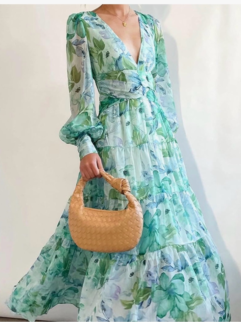 Chicwish Mint & Sky Blue Floral Wrap Maxi Dress